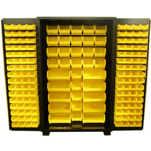 VARI-TUFF Bin Cabinet: 48 in x 24 in 78 in, 3 Shelves, 137 Bins, Yellow,  Flush, 14 ga Panel, Gray